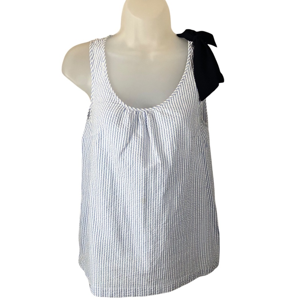 Women's Modcloth Blue/White Pin Stripe Seer Sucker Tank Top With Bow. Size Small